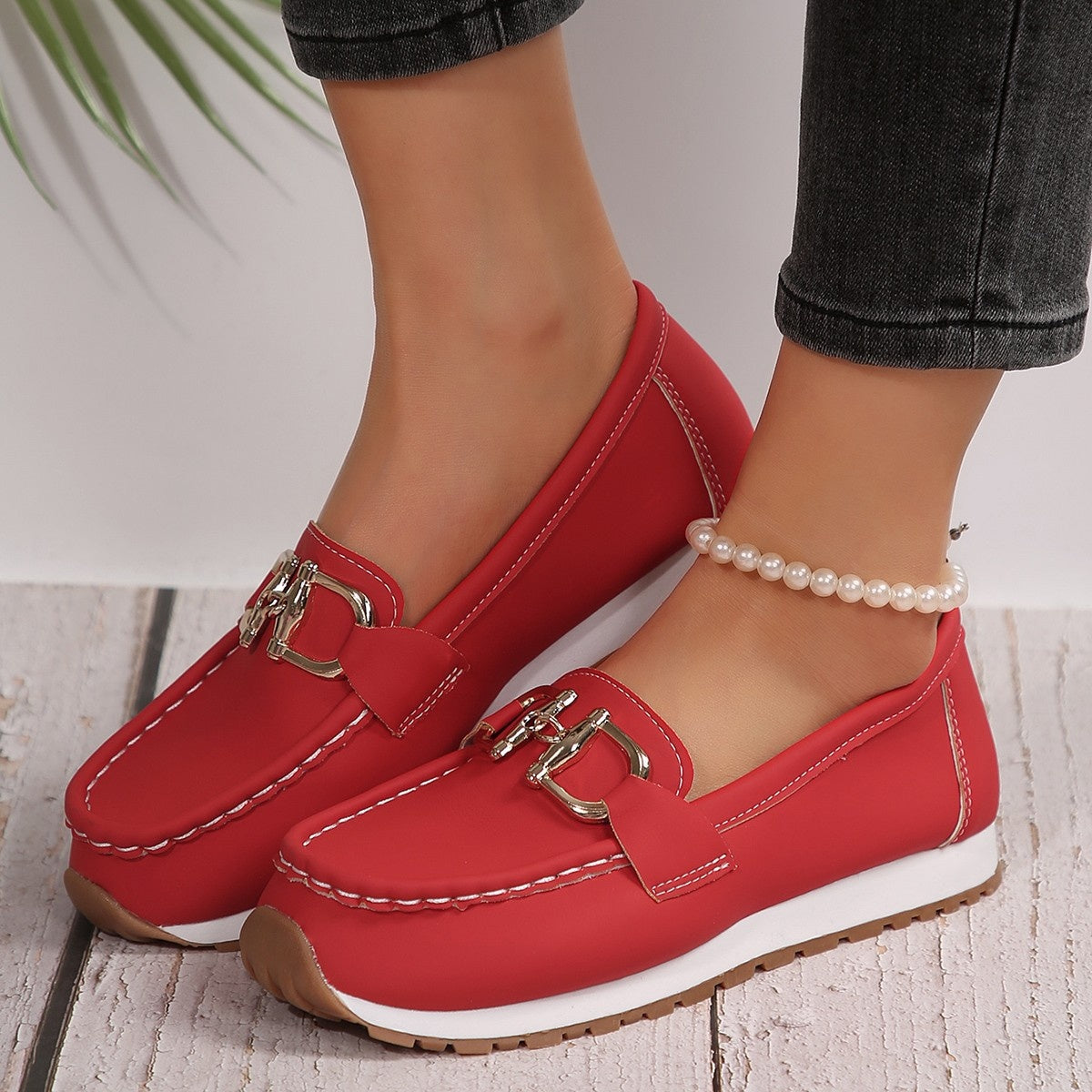 Damen Casual Metallic Schnalle Slip-On Schuhe