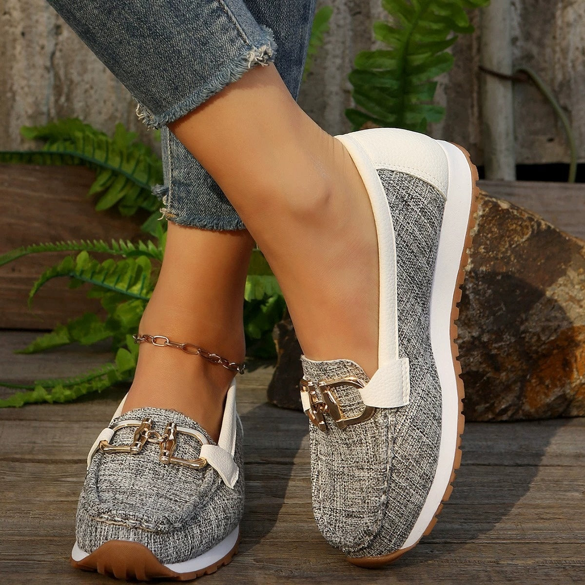 Damen Casual Metallic Schnalle Slip-On Schuhe