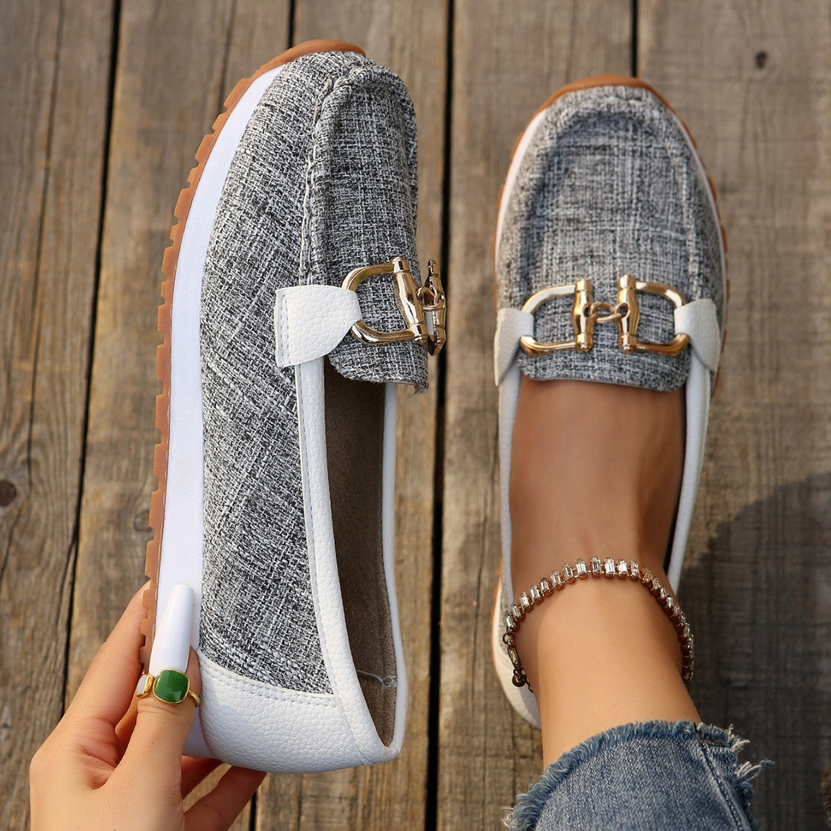 Damen Casual Metallic Schnalle Slip-On Schuhe