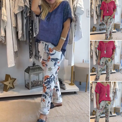 💐Zweiteiliges Set für Damen - Unifarbenes Hemd aus Baumwolle und Leinen und lässige Hose mit Blumenmuster👚👖