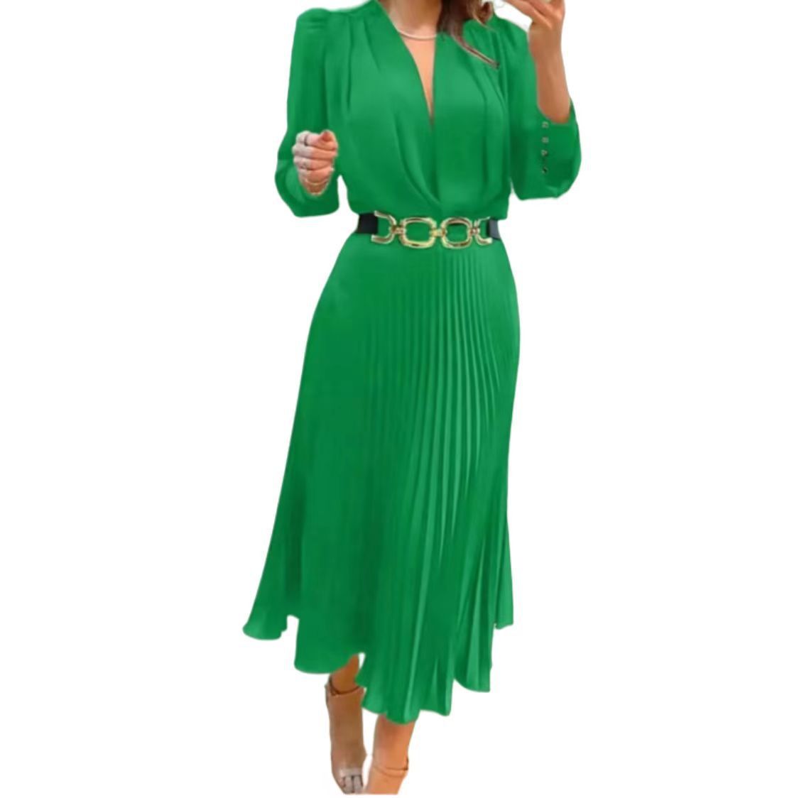 Neues, europäisches und amerikanisches einfarbiges, plissiertes langes Kleid für Damen in Übergröße