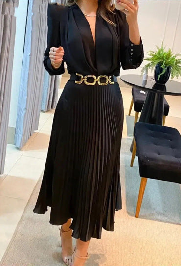 Neues, europäisches und amerikanisches einfarbiges, plissiertes langes Kleid für Damen in Übergröße