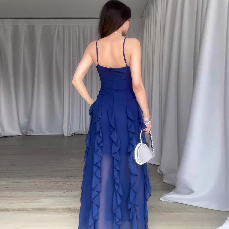Elegantes Spaghetti-Träger-Rüschen-Maxi-Kleid für Damen mit mehreren Schichten