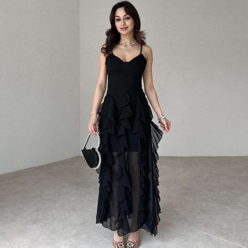 Elegantes Spaghetti-Träger-Rüschen-Maxi-Kleid für Damen mit mehreren Schichten