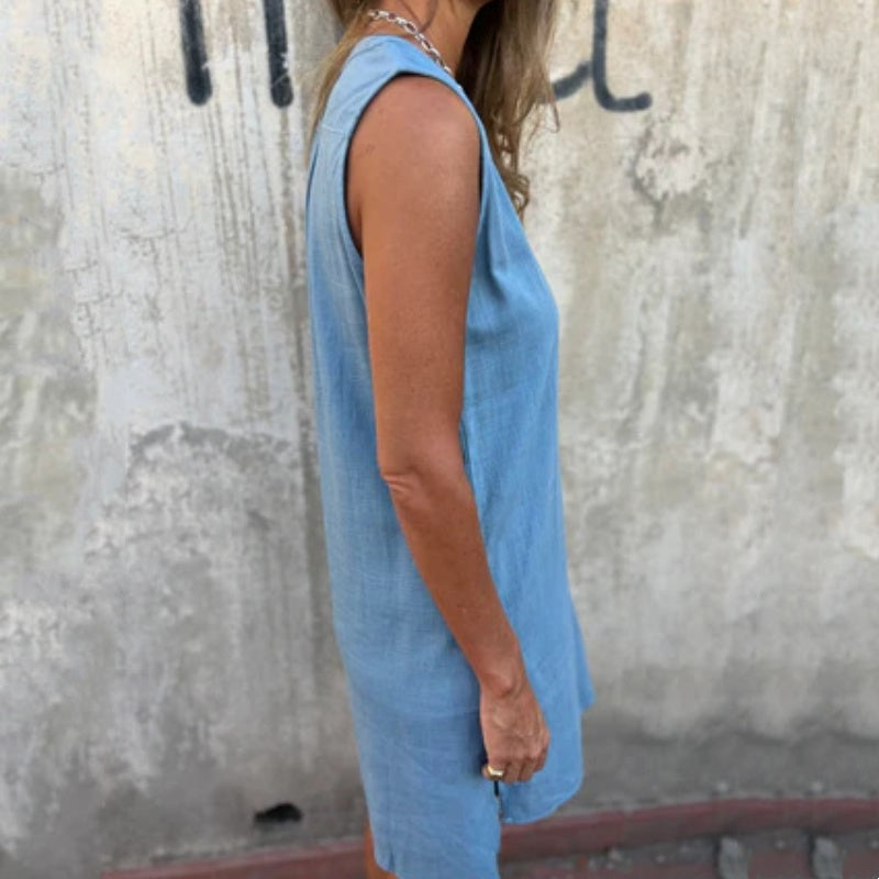 Ärmelloses Kleid mit Knopfleiste und V-Ausschnitt für Damen