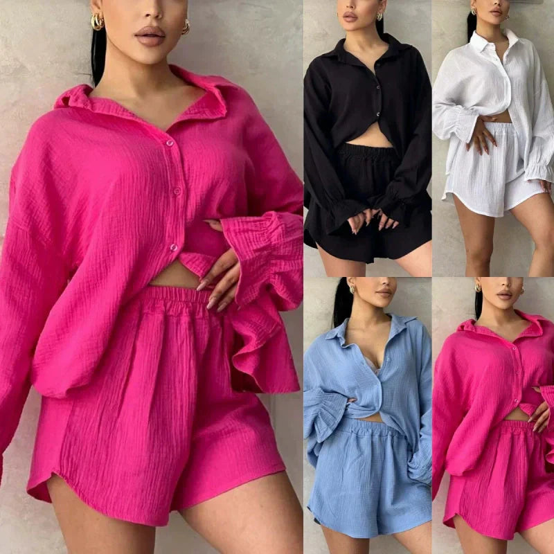 Langarmhemd mit Revers und hochtaillierte Shorts für Damen im 2er-Set
