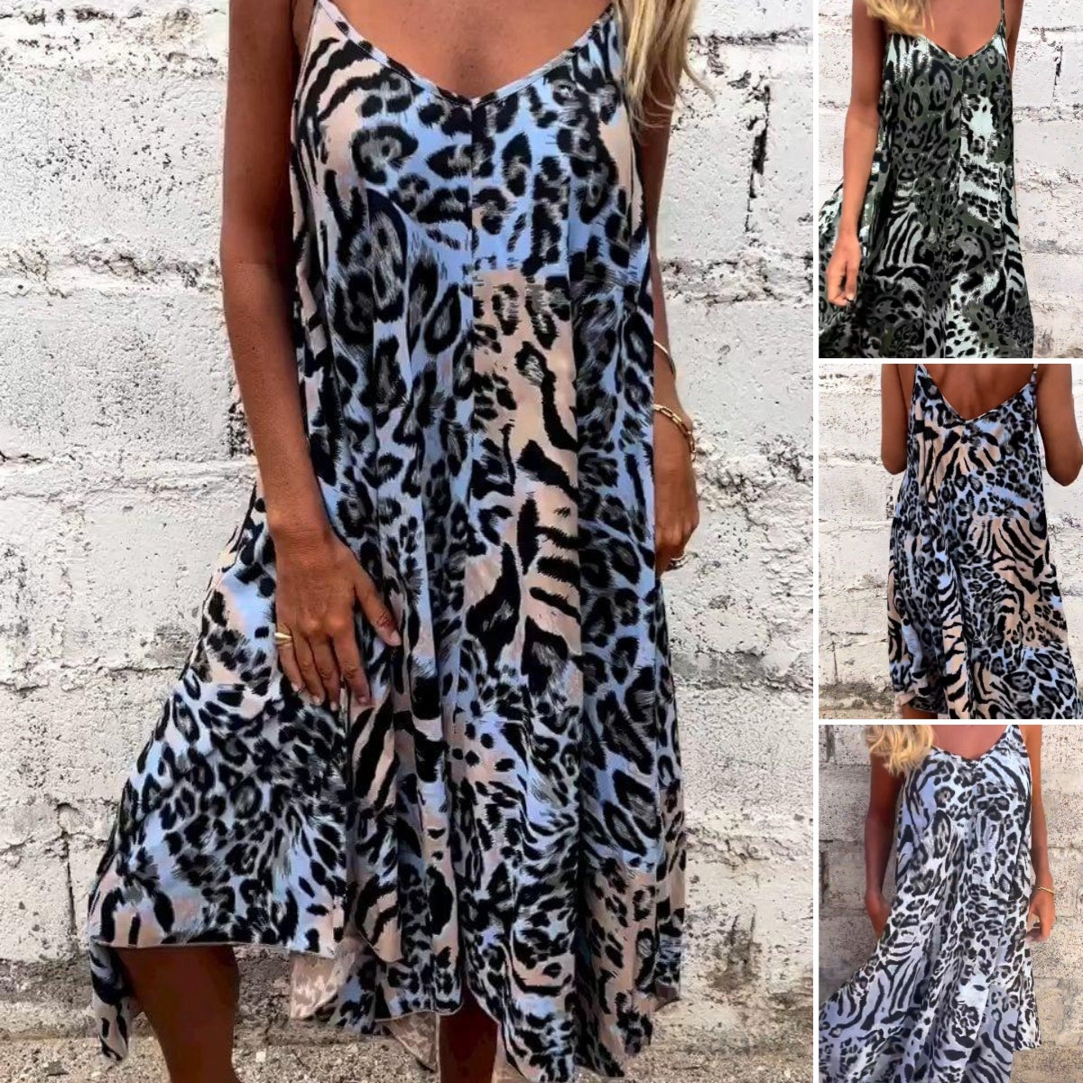 Leopardenmuster Spaghetti-Maxikleid