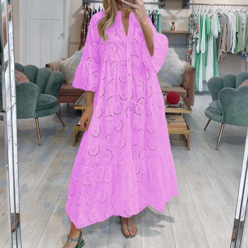 🧩49% Rabatt 🎄Baumwollkleid mit V-Ausschnitt und weiten Ärmeln mit Stickerei