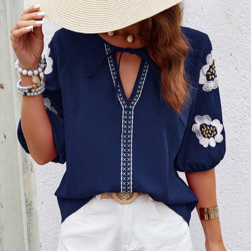 Elegante Bluse mit V-Ausschnitt und Blumenstickerei für Damen