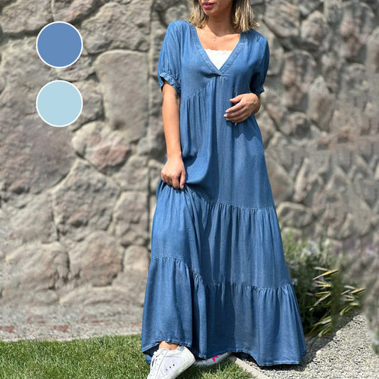 💕Loose V-neck Tiered Faux Denim Dress