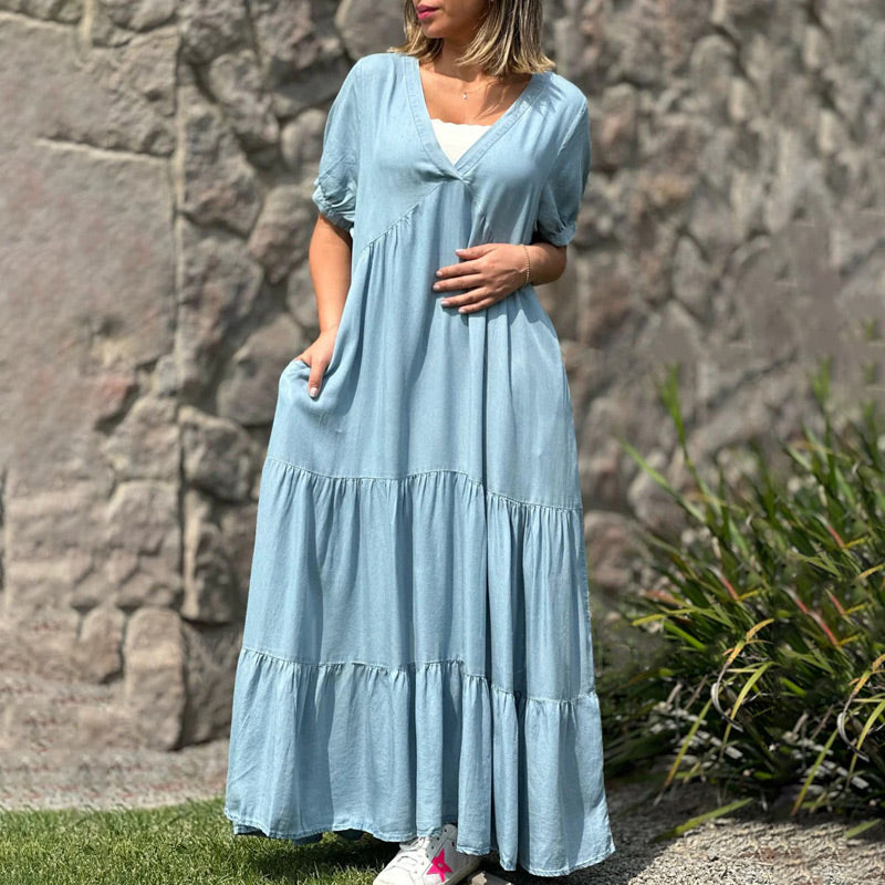 💕Loose V-neck Tiered Faux Denim Dress