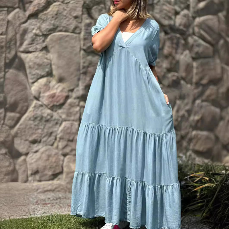💕Loose V-neck Tiered Faux Denim Dress