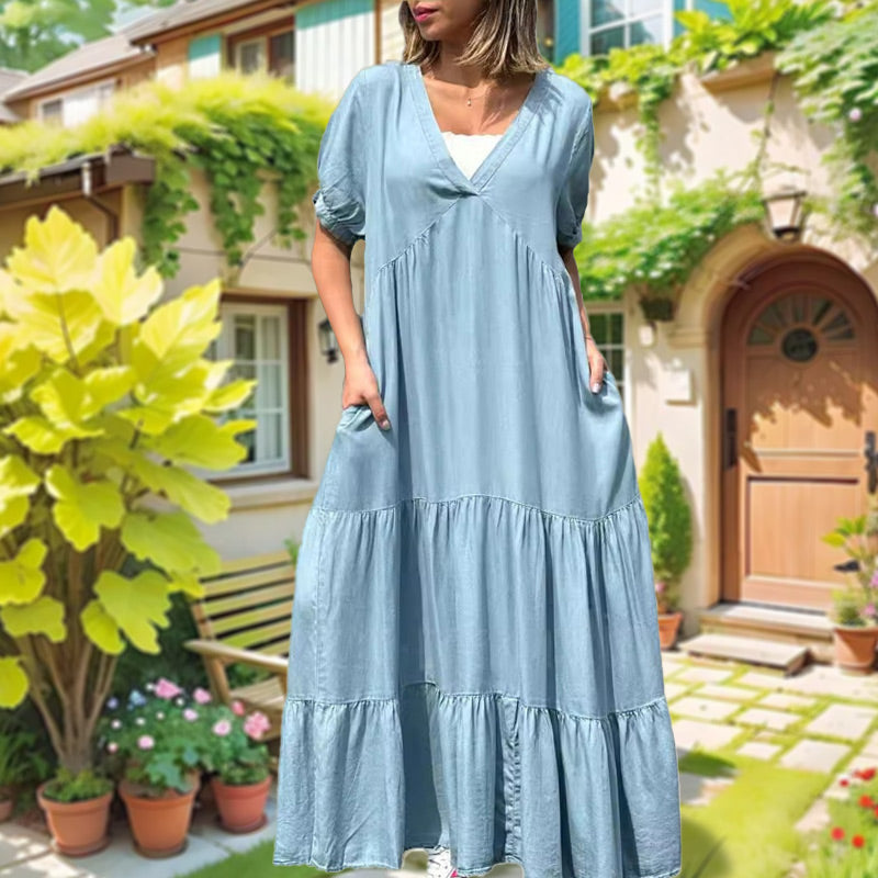 💕Loose V-neck Tiered Faux Denim Dress