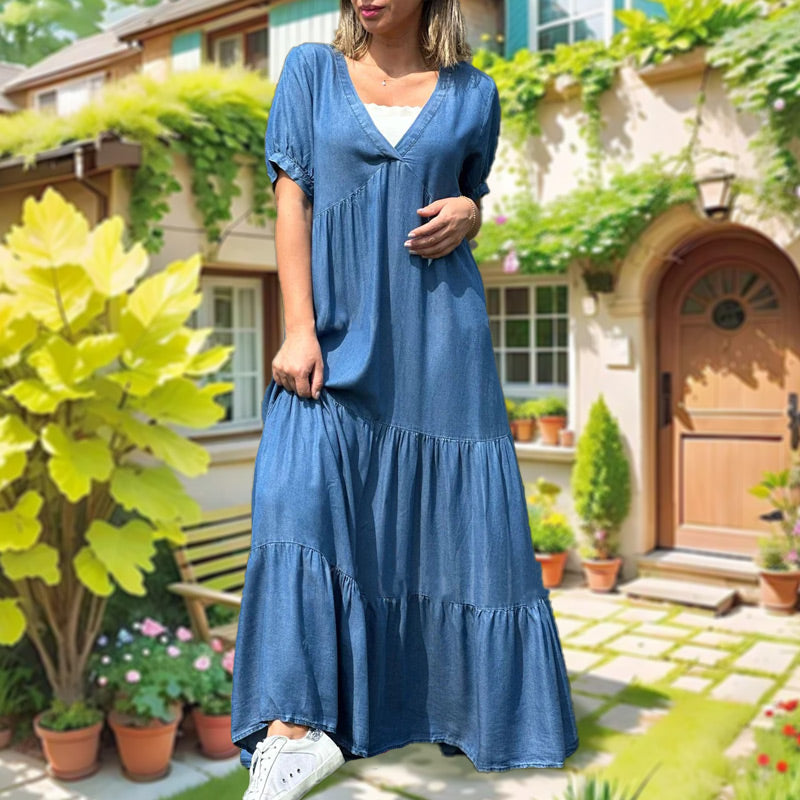 💕Loose V-neck Tiered Faux Denim Dress