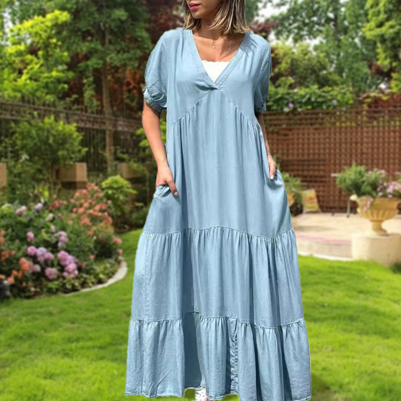 💕Loose V-neck Tiered Faux Denim Dress