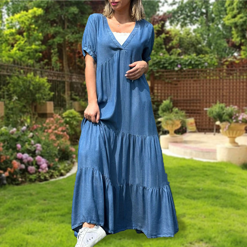 💕Loose V-neck Tiered Faux Denim Dress