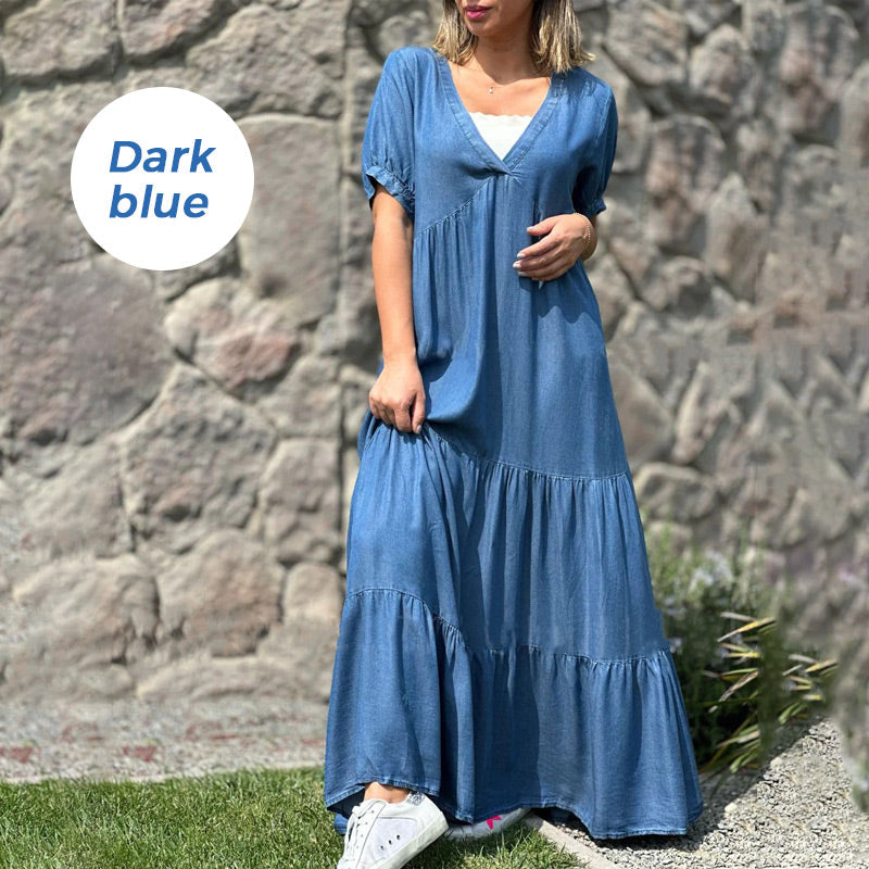 💕Loose V-neck Tiered Faux Denim Dress