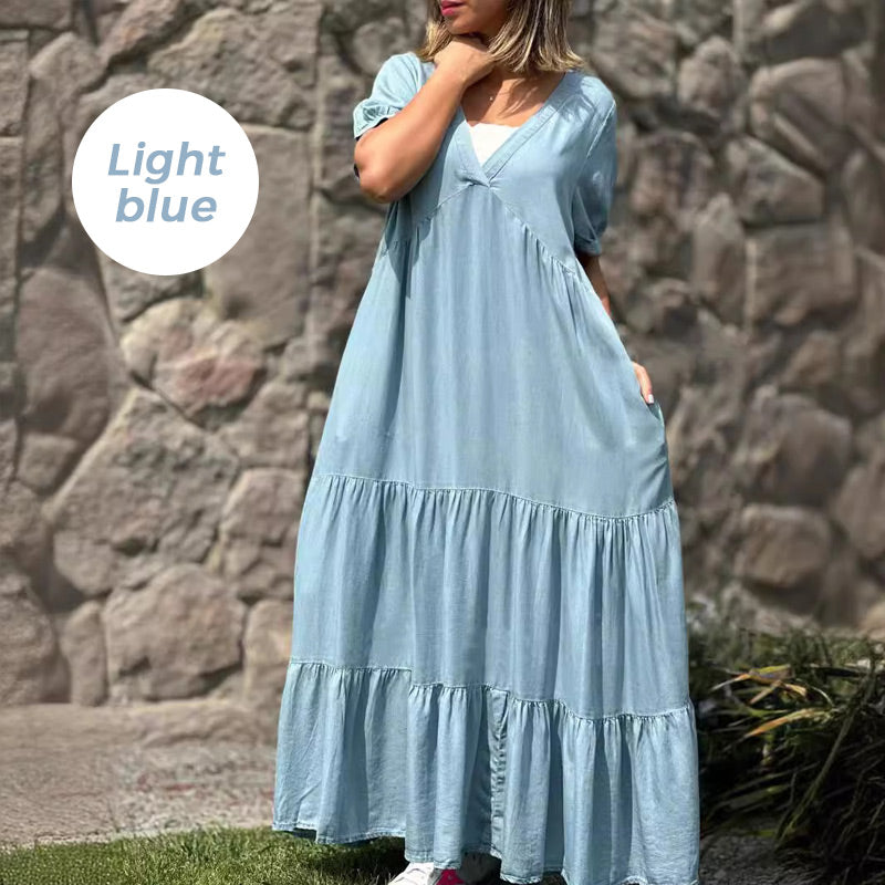 💕Loose V-neck Tiered Faux Denim Dress