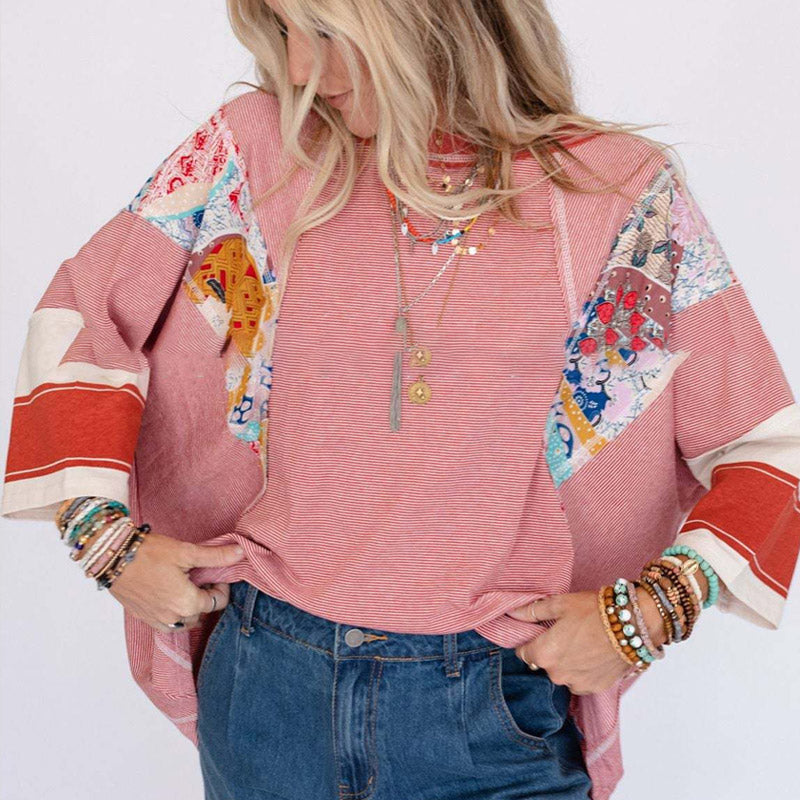 Damenbluse mit Fledermausärmeln und 3/4-Ärmeln, gestreift, Patchwork