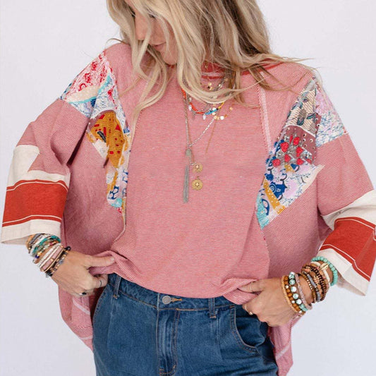Damenbluse mit Fledermausärmeln und 3/4-Ärmeln, gestreift, Patchwork