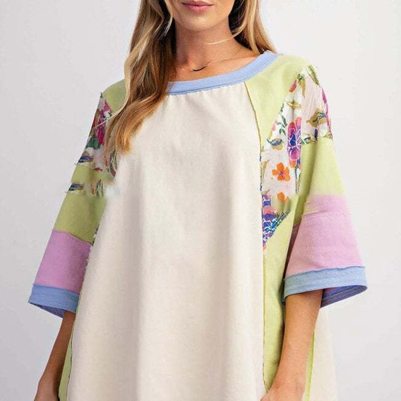 Damenbluse mit Fledermausärmeln und 3/4-Ärmeln, gestreift, Patchwork