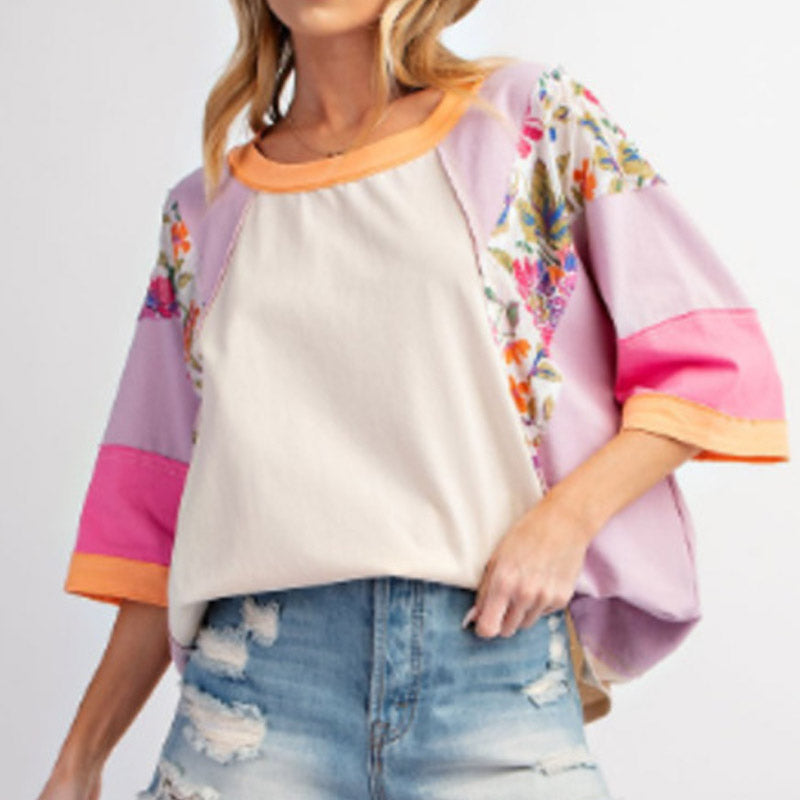 Damenbluse mit Fledermausärmeln und 3/4-Ärmeln, gestreift, Patchwork