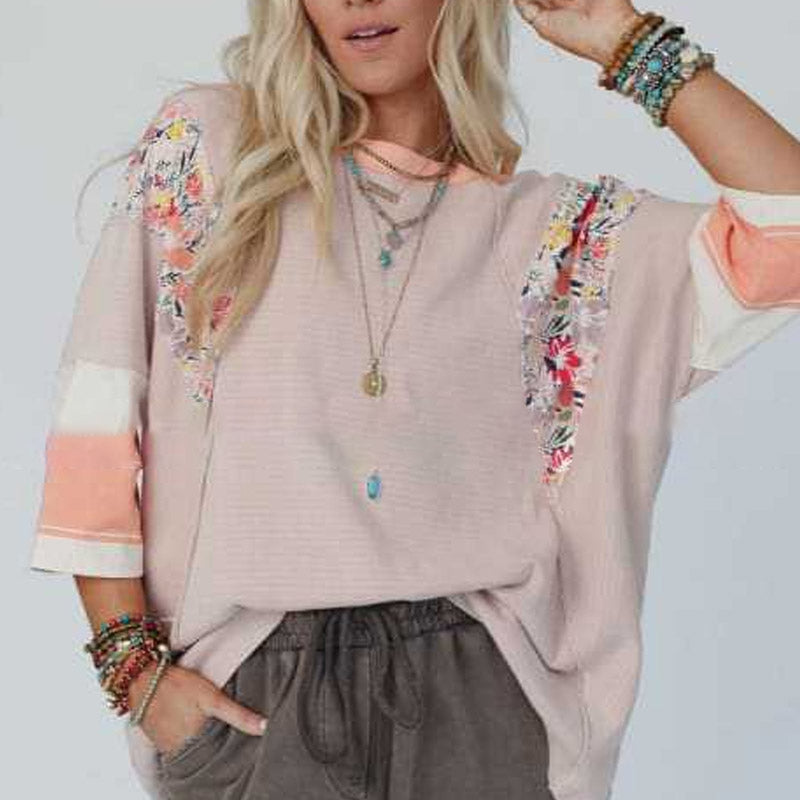 Damenbluse mit Fledermausärmeln und 3/4-Ärmeln, gestreift, Patchwork