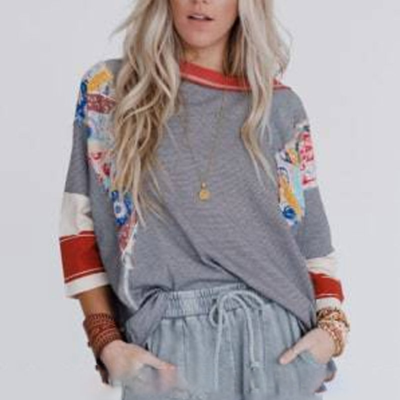 Damenbluse mit Fledermausärmeln und 3/4-Ärmeln, gestreift, Patchwork