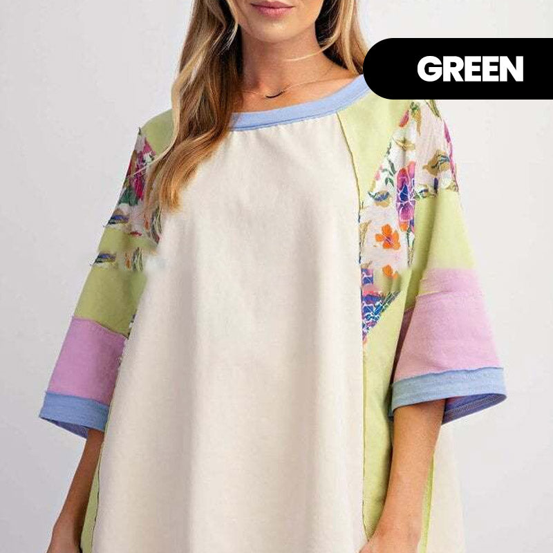 Damenbluse mit Fledermausärmeln und 3/4-Ärmeln, gestreift, Patchwork