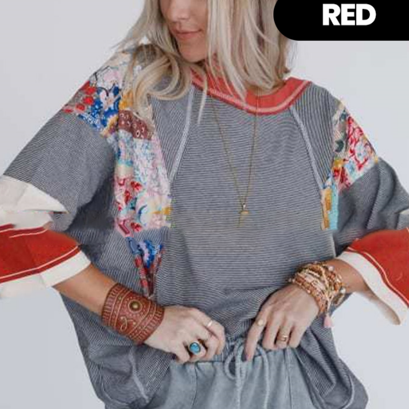 Damenbluse mit Fledermausärmeln und 3/4-Ärmeln, gestreift, Patchwork