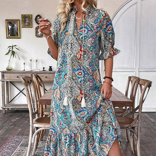 Damen Sommerkleid mit Tunika-Ausschnitt und Blumenmuster