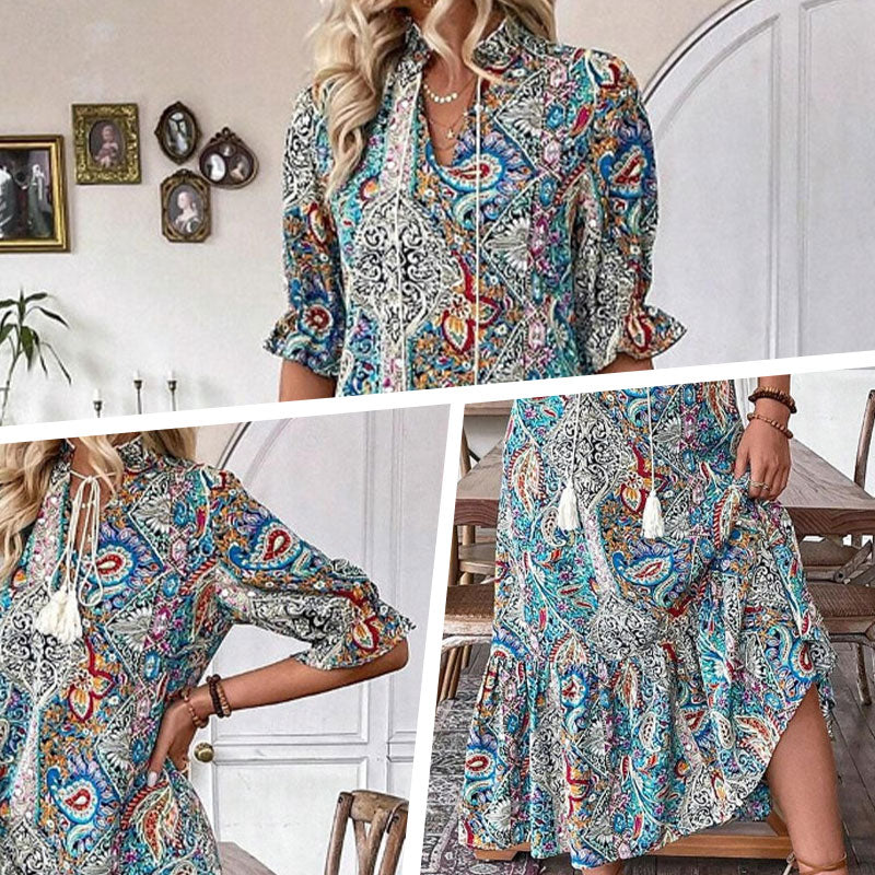 Damen Sommerkleid mit Tunika-Ausschnitt und Blumenmuster