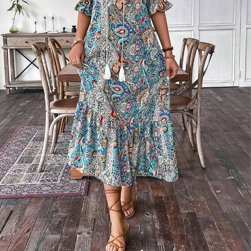 Damen Sommerkleid mit Tunika-Ausschnitt und Blumenmuster