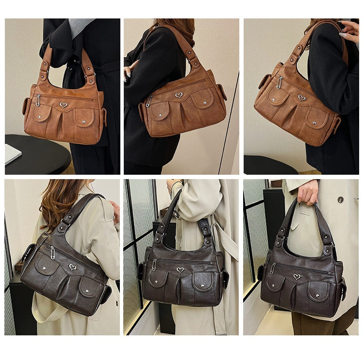 Damen-Tragetasche aus weichem Leder mit mehreren Taschen