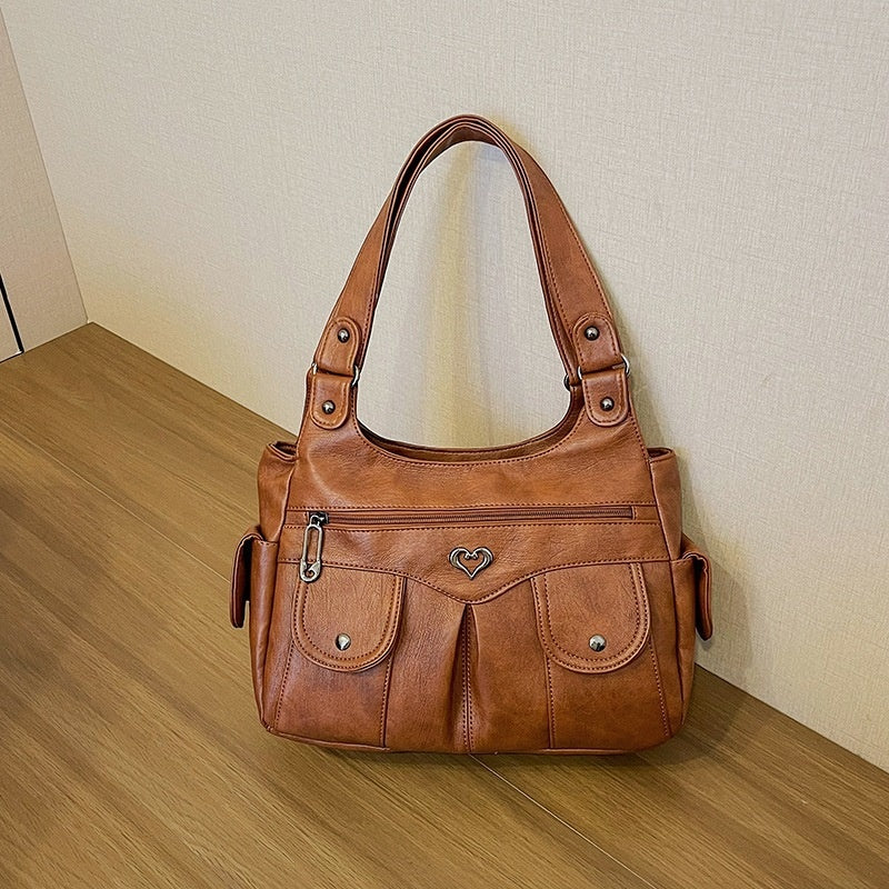 Damen-Tragetasche aus weichem Leder mit mehreren Taschen