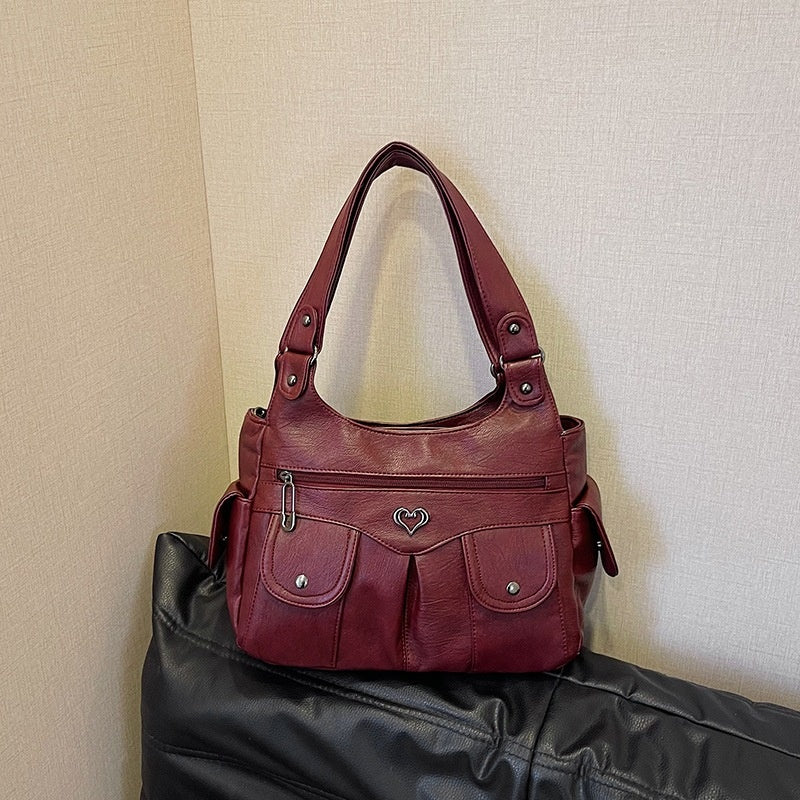 Damen-Tragetasche aus weichem Leder mit mehreren Taschen