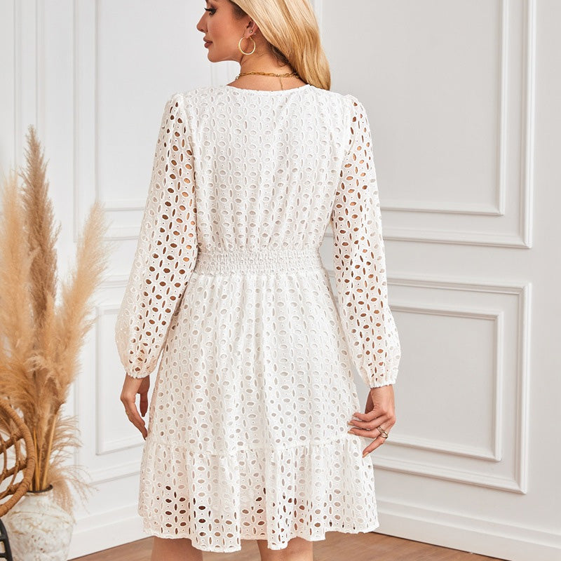 Langarmkleid mit V-Ausschnitt und Lochmuster für Damen