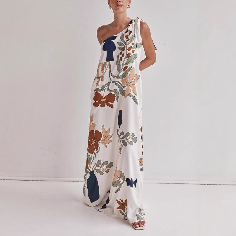 Elegantes Schrägschulter-Blumenkleid mit Taschen