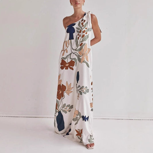 Elegantes Schrägschulter-Blumenkleid mit Taschen
