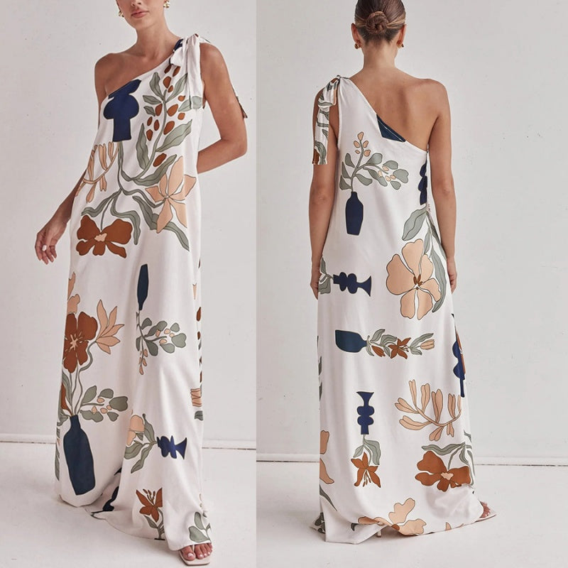 Elegantes Schrägschulter-Blumenkleid mit Taschen