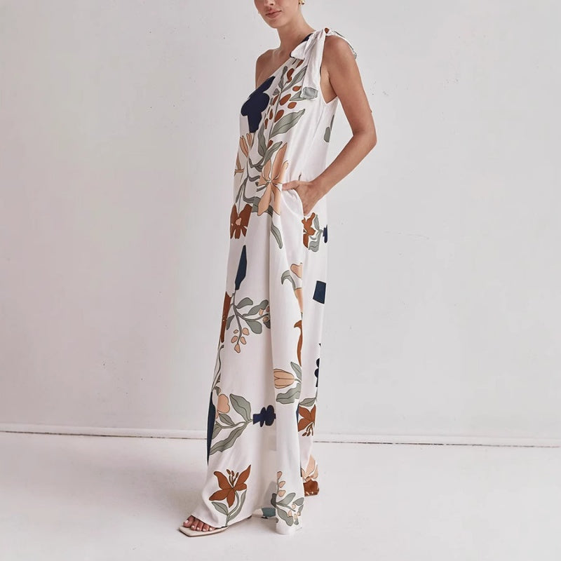 Elegantes Schrägschulter-Blumenkleid mit Taschen