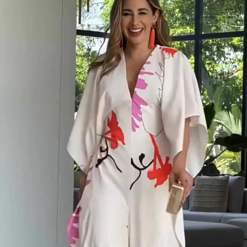 Jumpsuit mit V-Ausschnitt, Blumenmuster, unregelmäßigen Ärmeln und weitem Bein