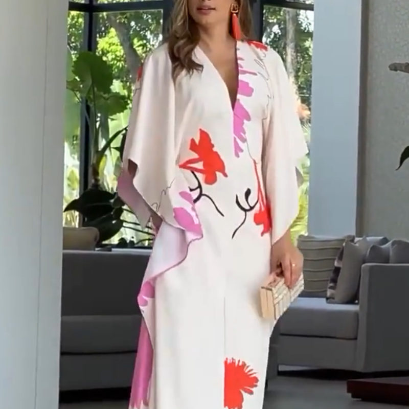 Jumpsuit mit V-Ausschnitt, Blumenmuster, unregelmäßigen Ärmeln und weitem Bein