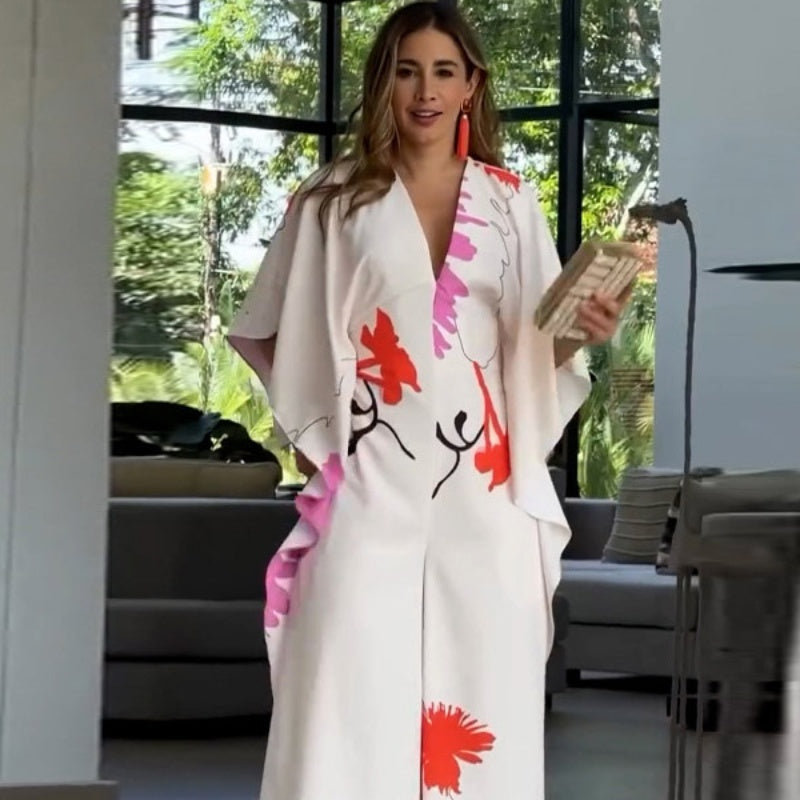 Jumpsuit mit V-Ausschnitt, Blumenmuster, unregelmäßigen Ärmeln und weitem Bein