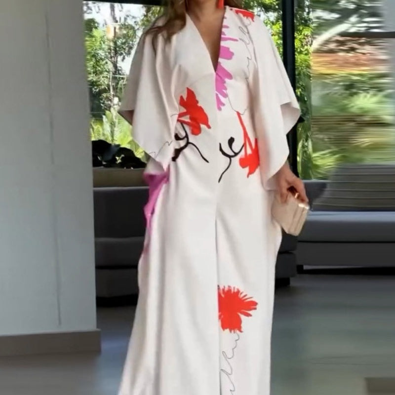 Jumpsuit mit V-Ausschnitt, Blumenmuster, unregelmäßigen Ärmeln und weitem Bein