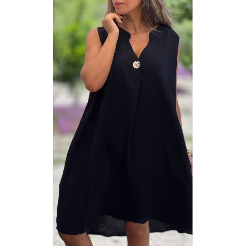 Einfarbiges ärmelloses Kleid mit V-Ausschnitt und Knopfverzierung
