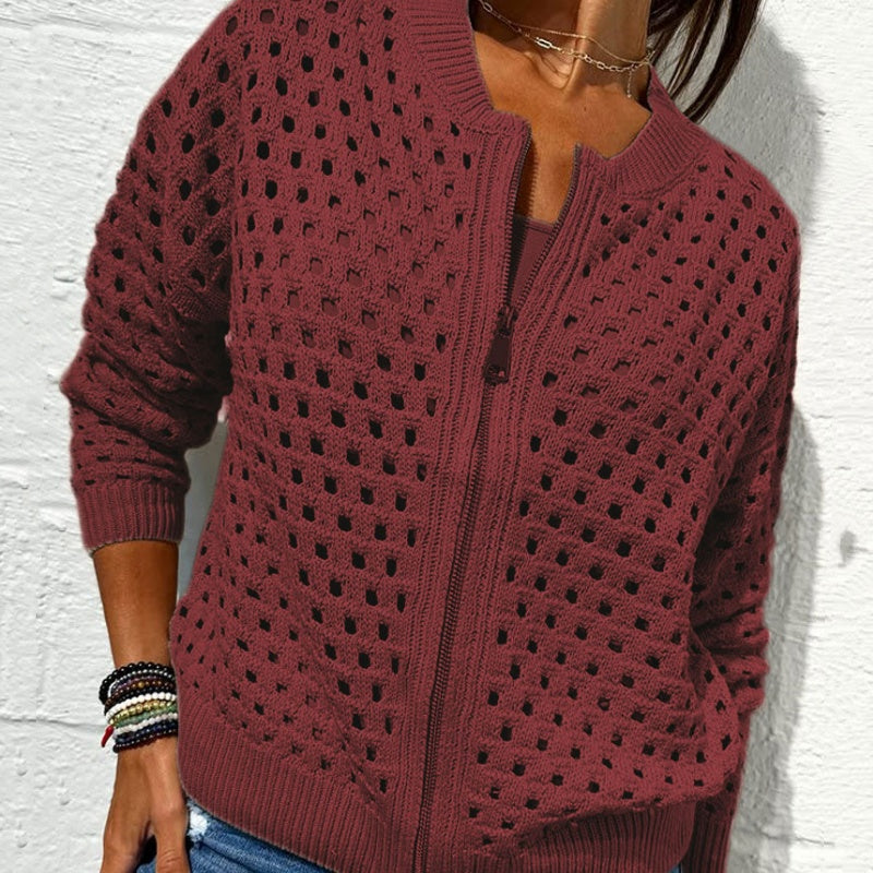 Lässige Damen Strickjacke mit Reißverschluss und hohlem Design