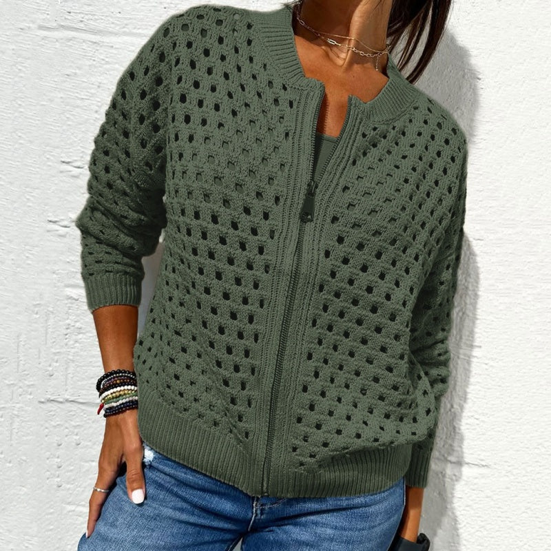 Lässige Damen Strickjacke mit Reißverschluss und hohlem Design