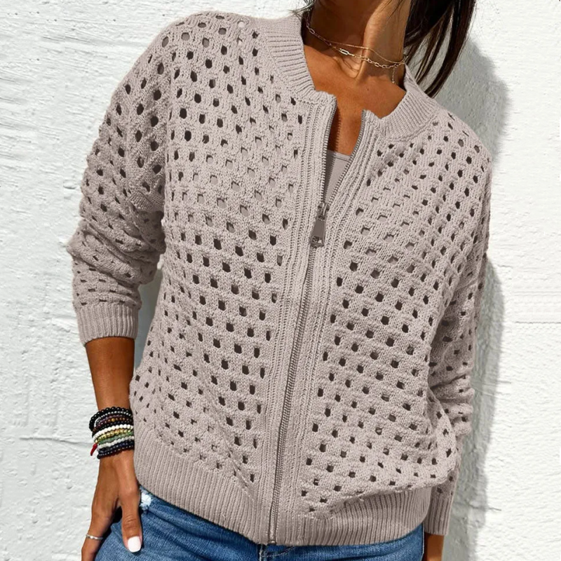 Lässige Damen Strickjacke mit Reißverschluss und hohlem Design