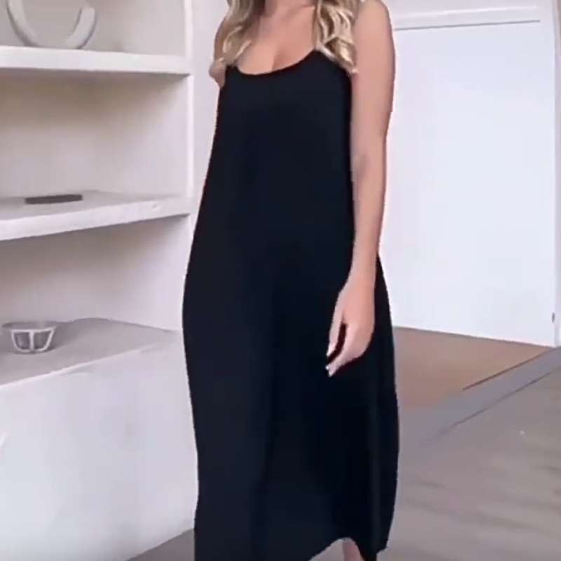 🍃Tief ausgeschnittenes Kleid mit Rundhalsausschnitt und lockerem Spaghetti-Träger